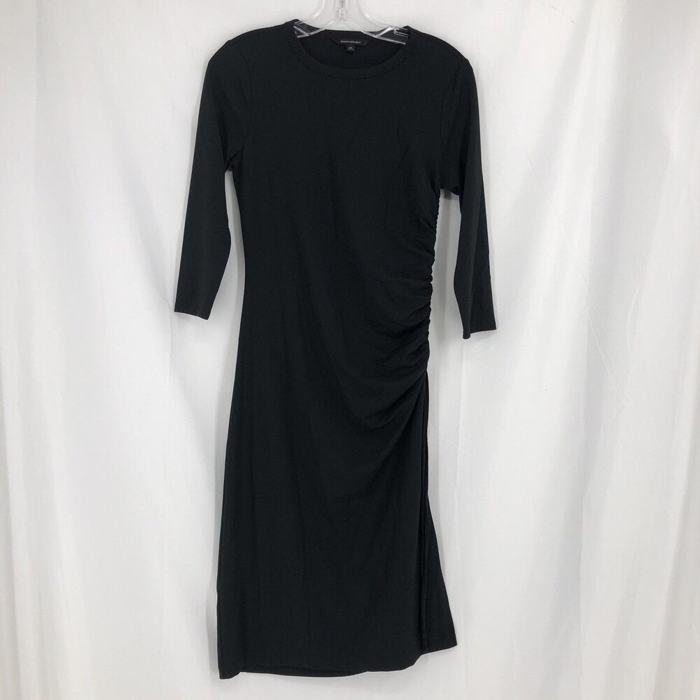 Banana Republic Black 3/4 Sleeve Side Ruched Dress Long XS